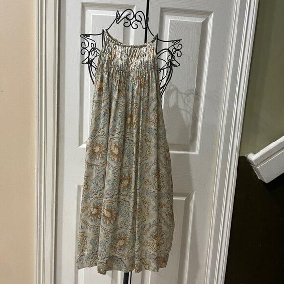 ZARA MINI DRESS TUNIC 100% SILK SMOCKED NECK HALTED PAISLEY ICONIC CHIC SZ M - Picture 4 of 16